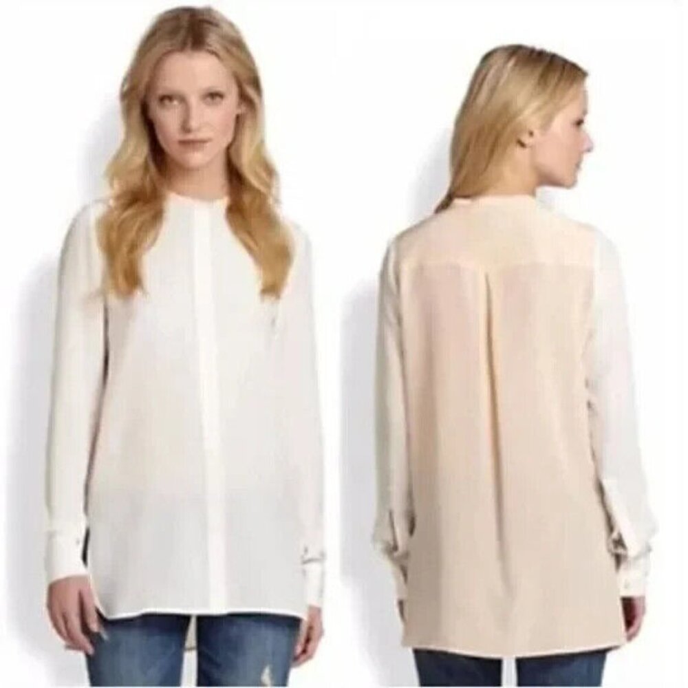 VINCE 100% Silk Long Sleeve Colorblock Blouse Top Size 6 Ivory Peach Split Neck